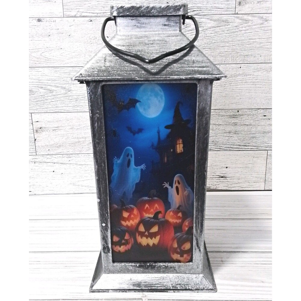 Solar Powered Halloween Lantern Ghosts and Pumpkins Silver/Black Plastic 9 x 4"